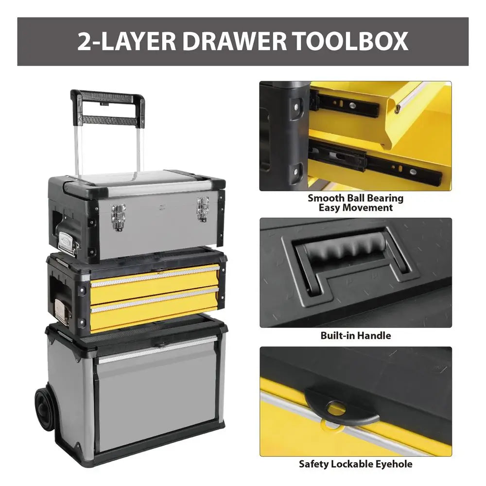 Stackable Portable Metal Tool box Organizer with Wheels and 2 Drawers, Rolling right Trolley Tool Chest for Garage or Worksho from PriceLows™