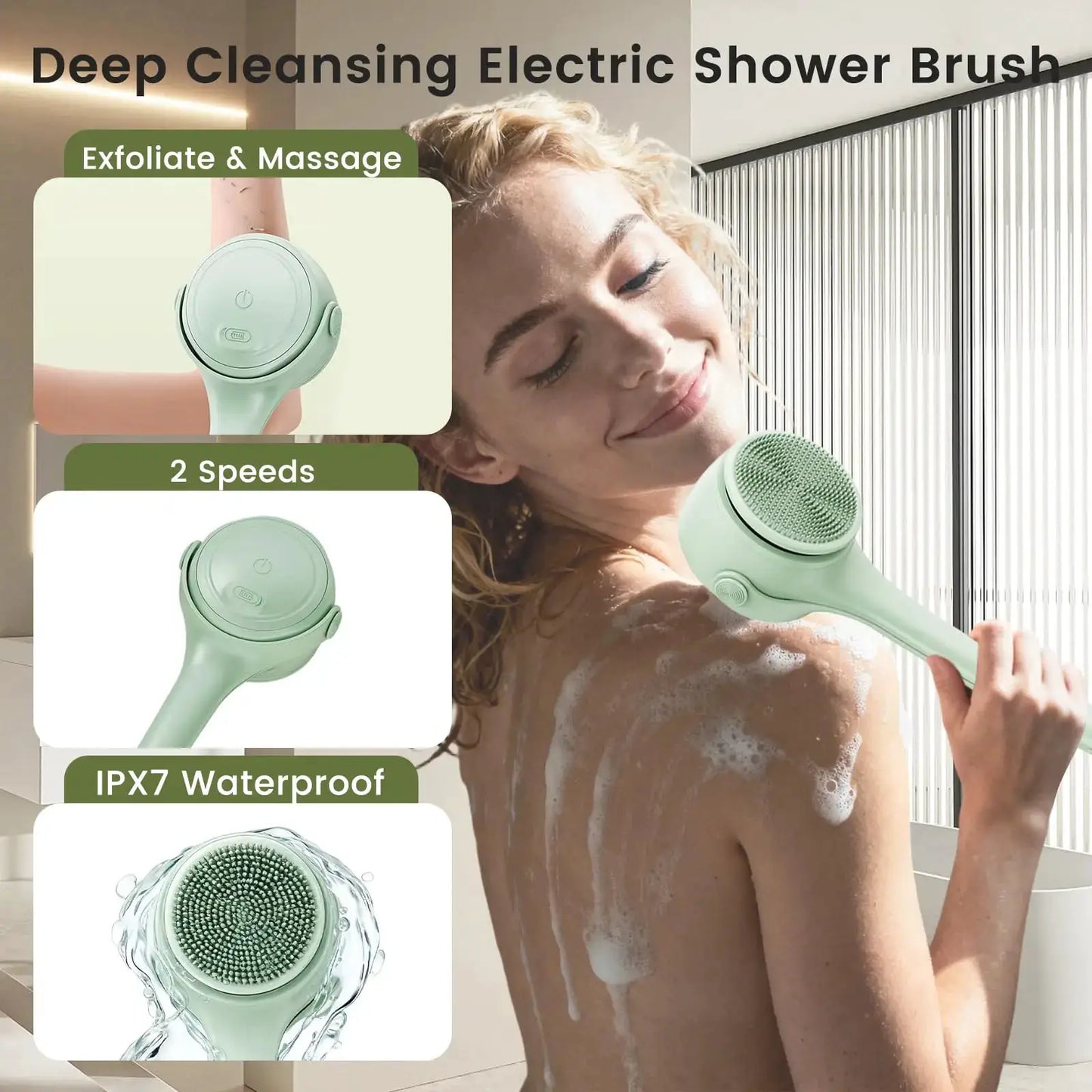 Electric Body Brush | 4 Heads | Long Handle Waterproof USB Rechargeable