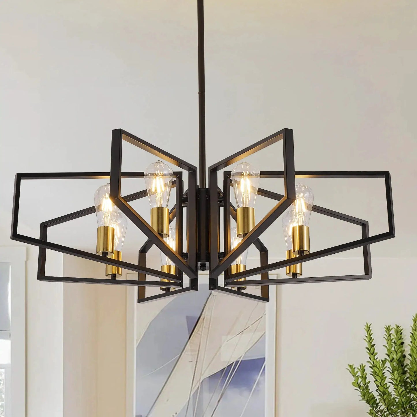 Modern 8-Light Geometric Chandelier Adjustable Height Metal Pendant Light with Black Frame & Golden Accents Ceiling Light Decor from PriceLows™