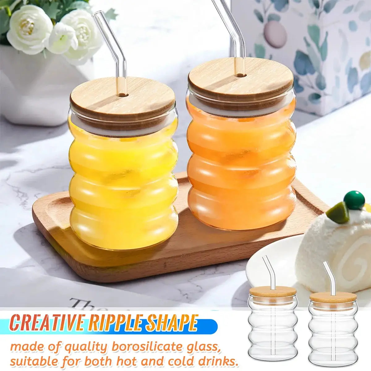 Leeseph 2pcs Creative Glass Cups with Lids and Straws Brush, Cute Cup Wave Shape Beverage Glasses for Juice Coffee Tea Ice Drink from PriceLows™