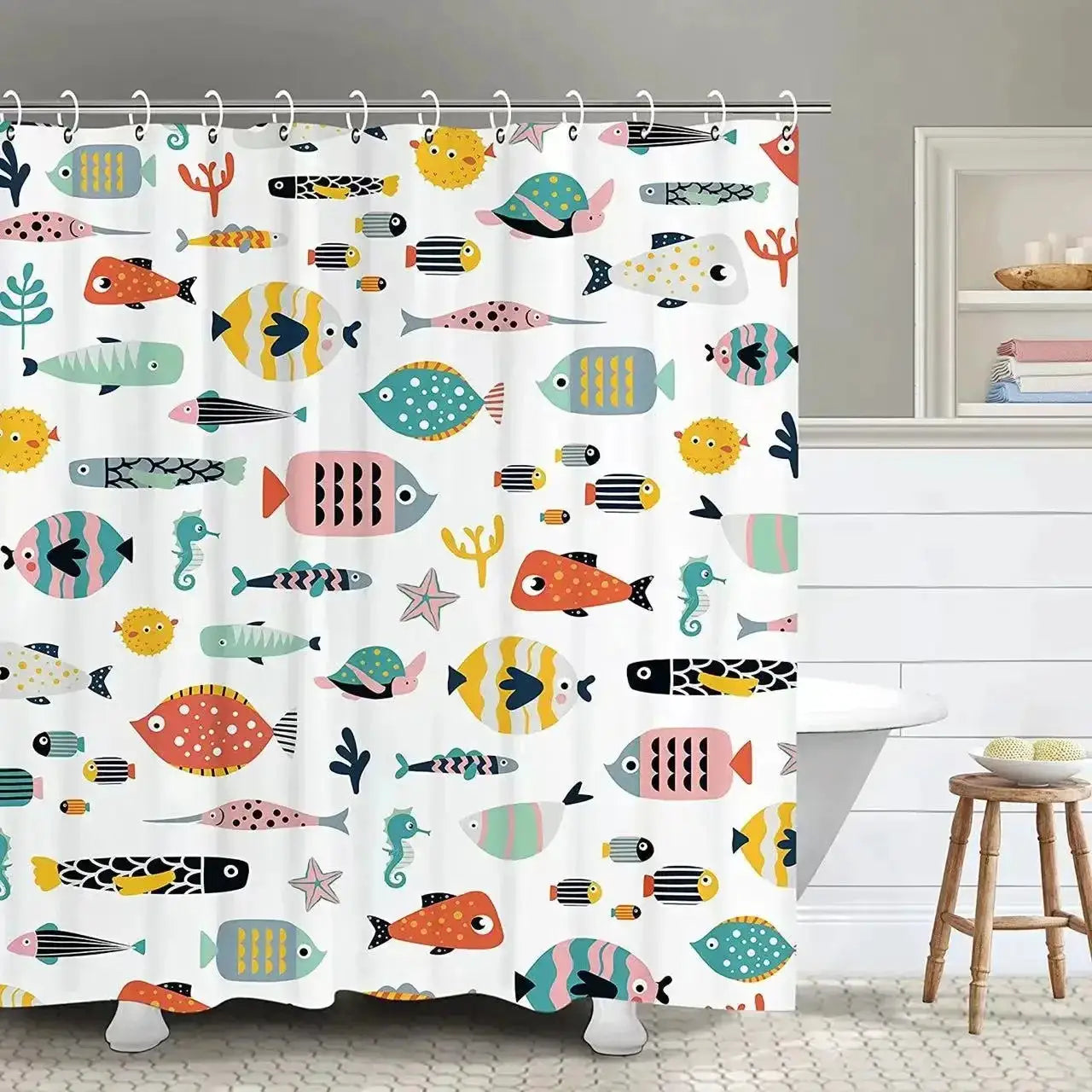 Colorful Cartoons Fish Shark Shower Curtains Ocean Life Children's Bathroom Home Decor Cloth Curtain Set Waterproof Bath Screens from PriceLows™