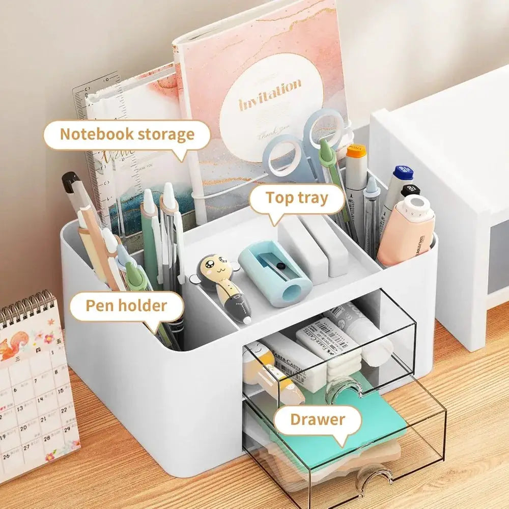 Pen Organizer Desk | 2 Drawer | 5 Compartments | White