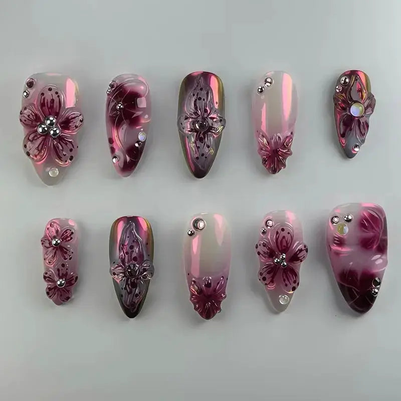Press On Nails | Wine Red Blush | Flower Print | 24 Piece Set