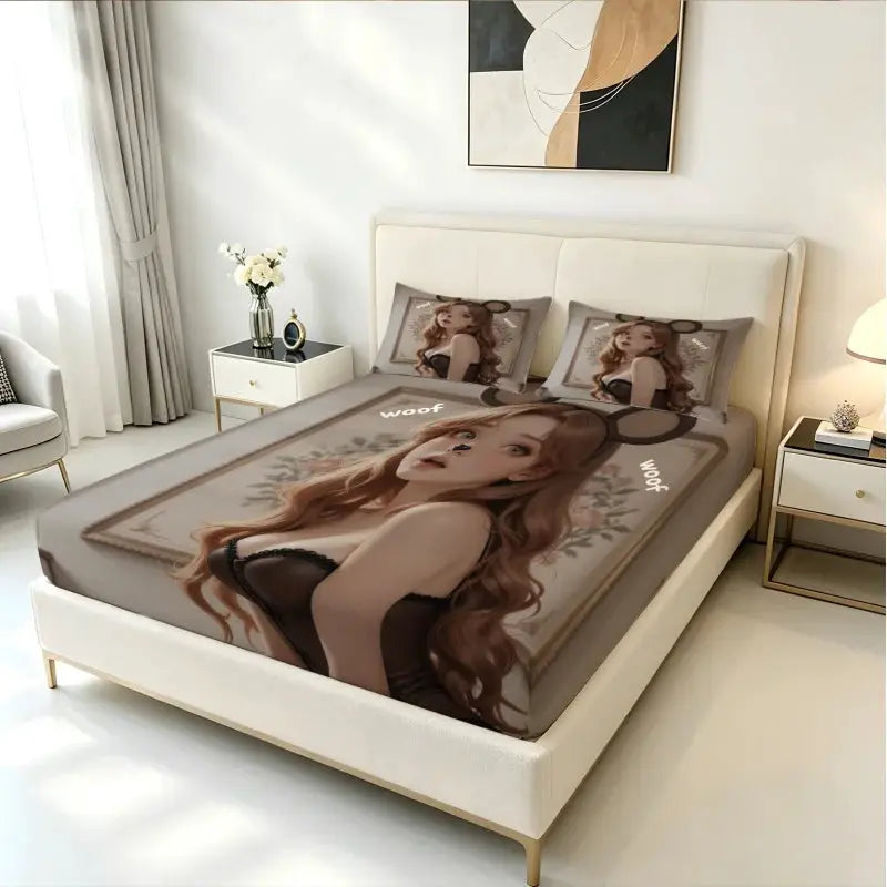 Anime Woof Woof Girl Fitted Sheet, Soft Microfiber Bed Sheet with Pillowcases, Mouse Ear Cosplay Style Mattress Cover for Teens from PriceLows™