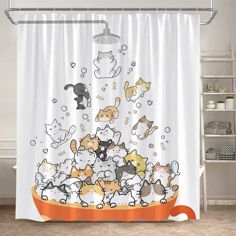 Funny Cartoon Bathing Cats Shower Curtains Cute Animals Pet Cat Kids Bath Curtain Polyester Children Bathroom Decor with Hooks from PriceLows™