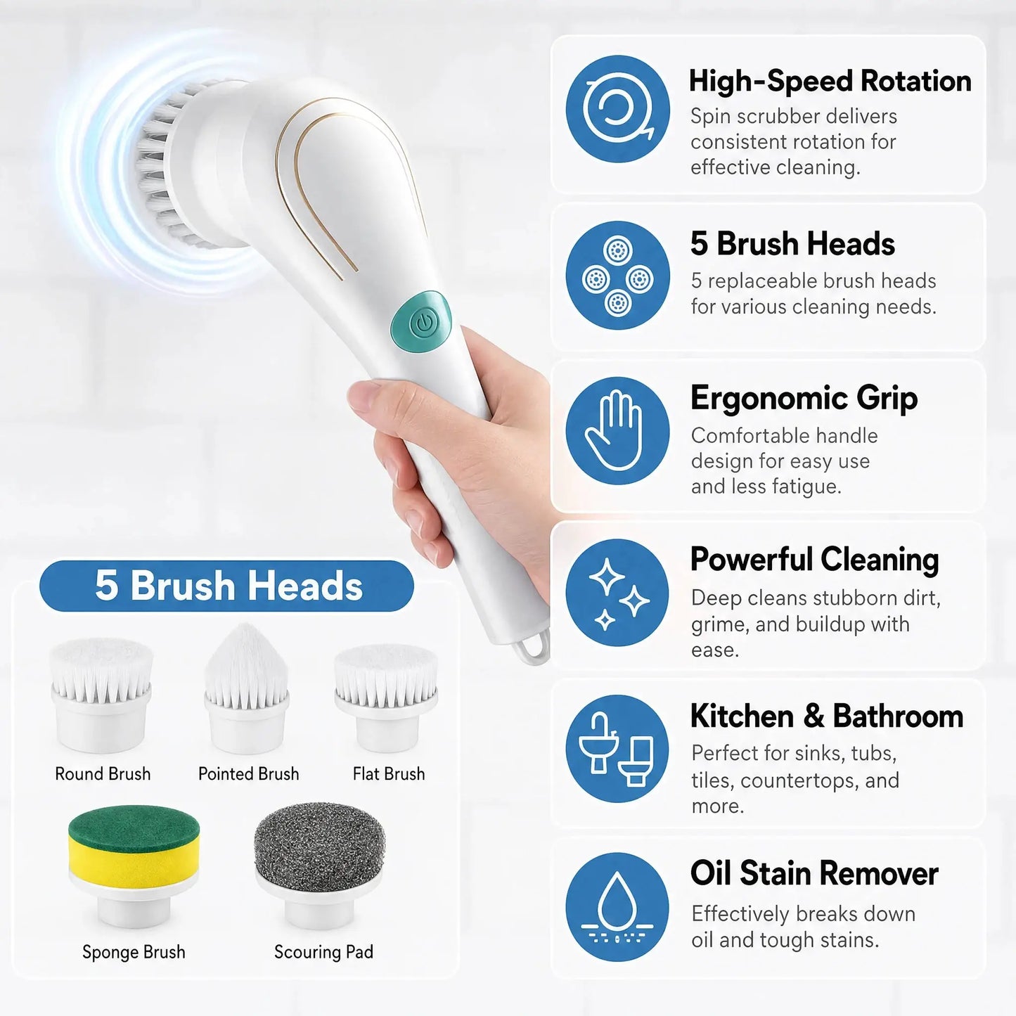 Electric Spin Scrubber | Cordless Design | Five Head Set | Compact Size