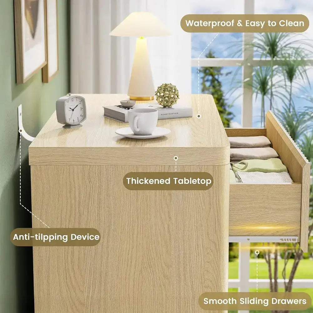 Natural Oak 2-Piece Nightstand Set with 3 Drawers, Storage Bed Table, Modern Curved Handle Design, 25 Wide from PriceLows™