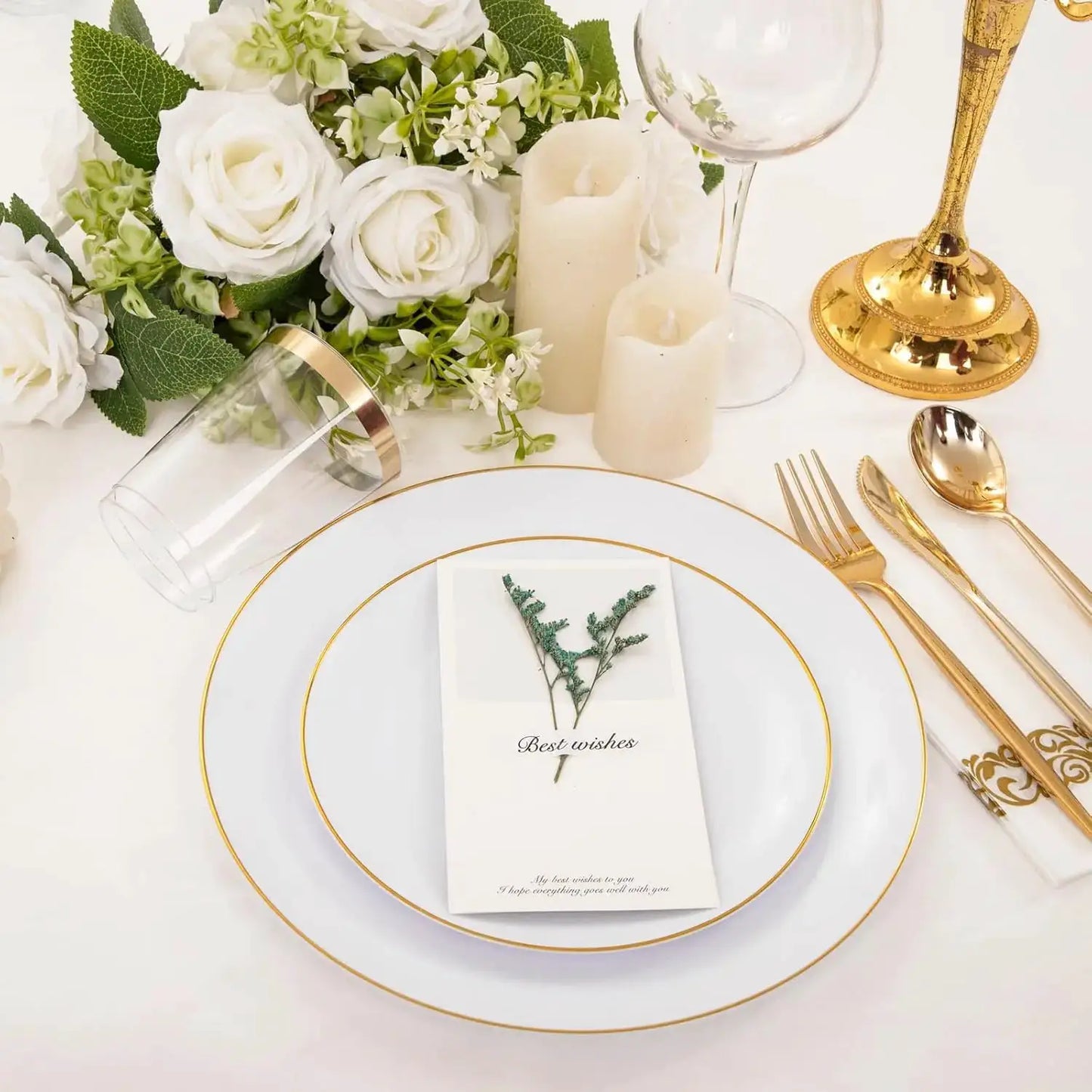 210Pcs Gold White Disposable Plastic Plates Set for Wedding Birthday Party Includes Dinner Dessert Cups Napkin Cutlery from PriceLows™