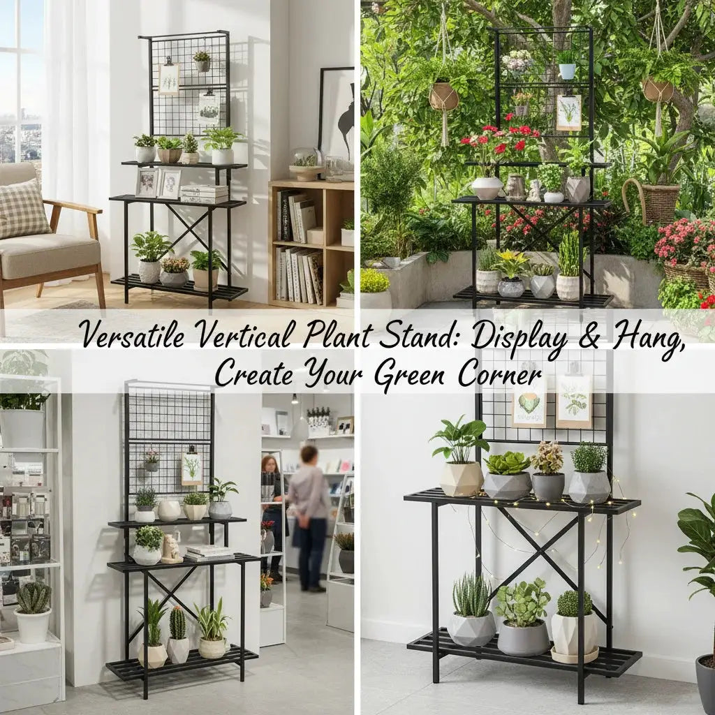 3-Tier Black Metal Plant Stand 90x46x200cm, Heavy Duty Tall Flower Shelf with Hanging Rod & Hooks for Indoor Outdoor Garden Balcony, 220 lbs Capacity from PriceLows™