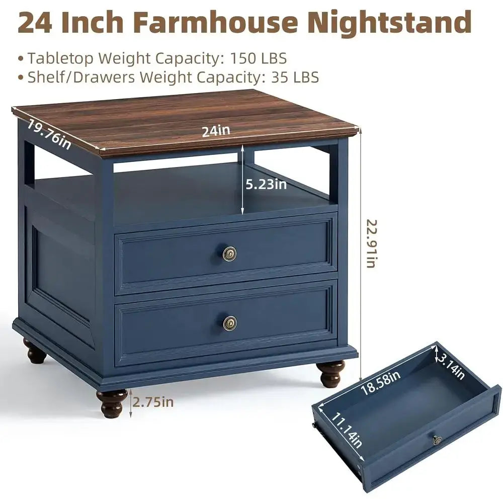 24 Wide Armhouse Nightstand, Large End Table with 2 Drawers and Metal Handle, Wood Drawer or Bedroom, Blue Bedside Table Chest o from PriceLows™