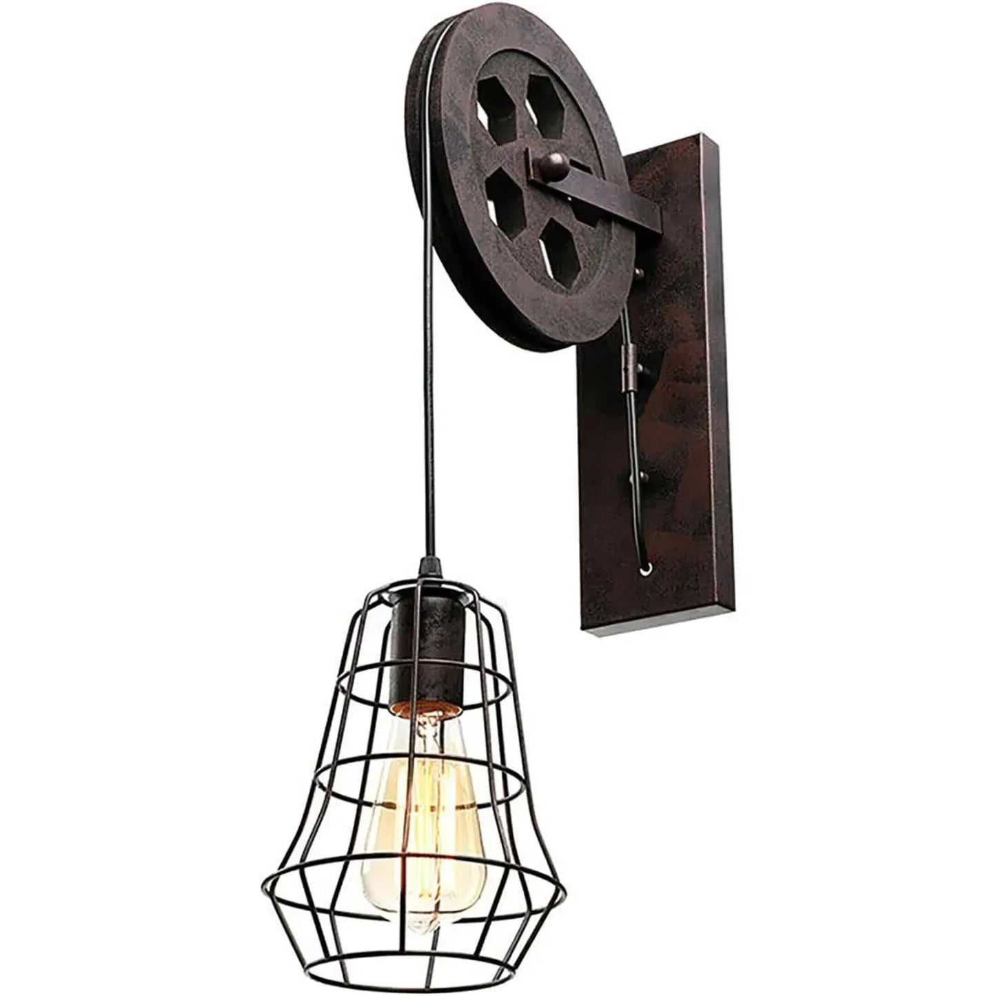 Industrial Wall Sconce Lights Lift Pulley Vintage Farmhouse Mid Century Wall Light with Iron Cage Lampshade for Indoor Lighting from PriceLows™