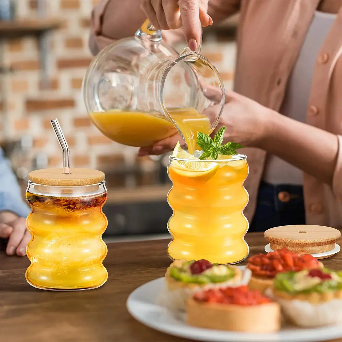 Leeseph 2pcs Creative Glass Cups with Lids and Straws Brush, Cute Cup Wave Shape Beverage Glasses for Juice Coffee Tea Ice Drink from PriceLows™