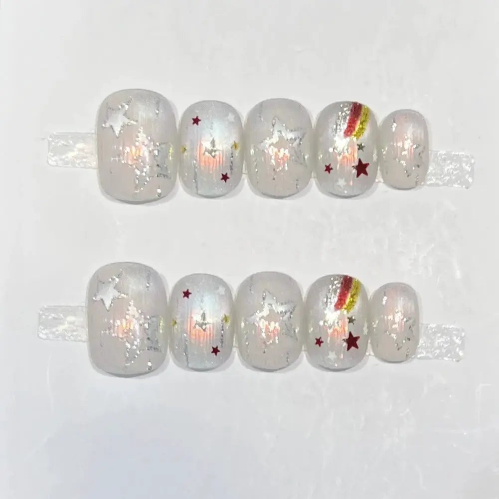 Press On False Nails | Short Round Floral Design | Medium Fit | 10 Piece Set