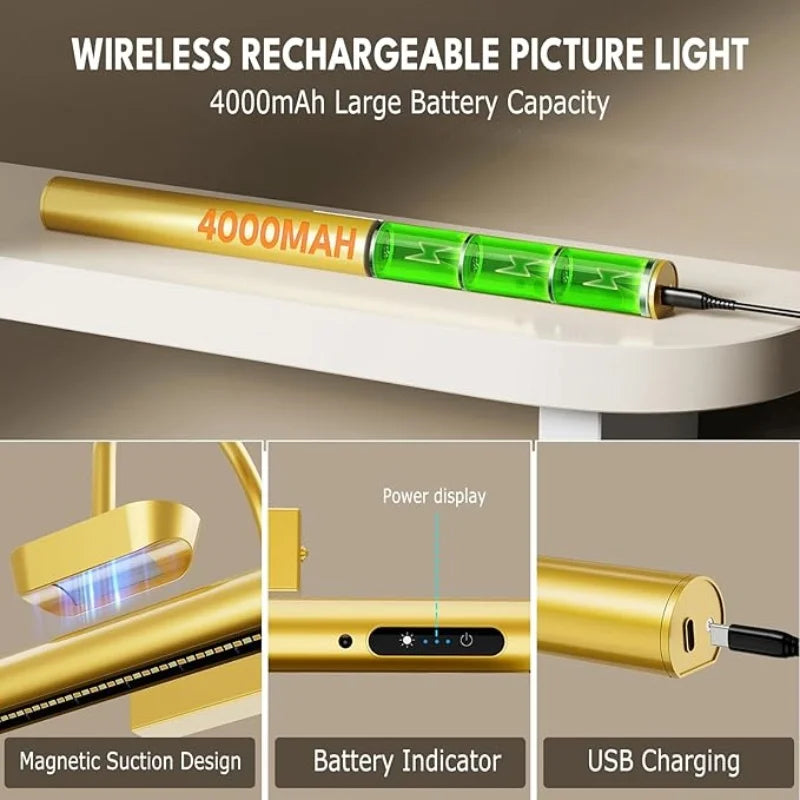 LED Picture Light | 4000mAh Rechargeable | 3 Color Dimming | Gold Finish