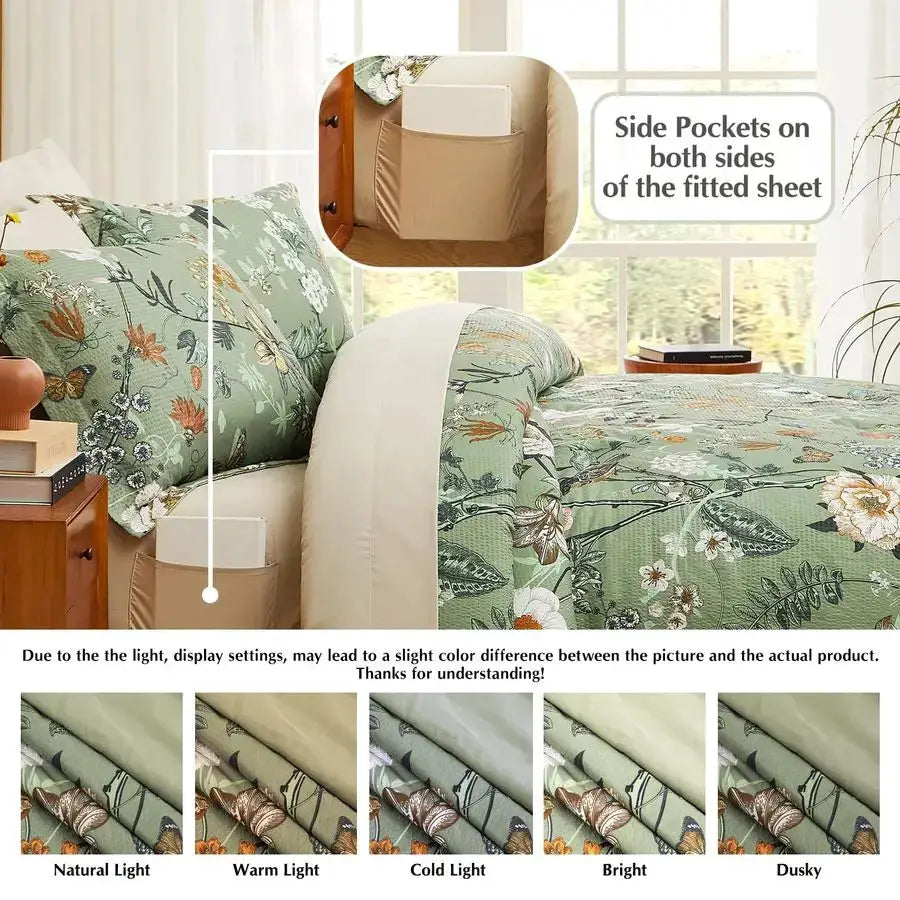 King Size Comforter Set 7 Pieces Green Floral Bedding Sets, King Bed in a Bag with Botanical Butterfly Comforter, Sheets, Pillow from PriceLows™
