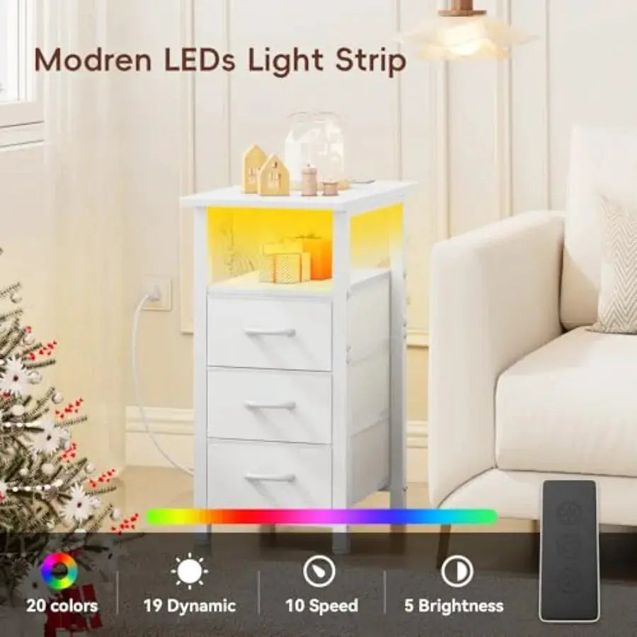 Nightstand with Charging Station and LED Lights, Narrow End Table, LED Nightstand with 3 Fabric Drawers for Bedroom, Small Beds from PriceLows™