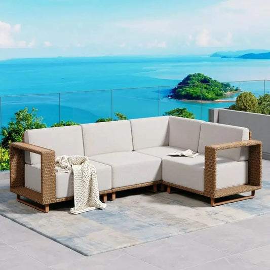 L-Shaped Outdoor Sectional Sofa with Thick Cushions, Yellow Wicker Patio Furniture Set for Lawn and Garden from PriceLows™