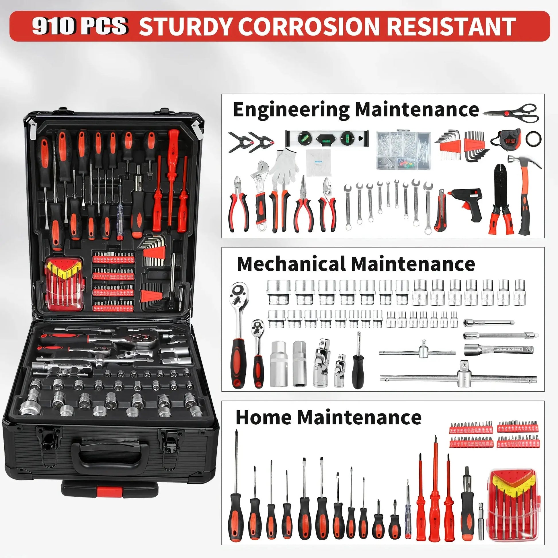 910pcs Aluminum Trolley Case Tool Set with Wheels, Four-Layer Tool Kit with Rolling Tool Box, Portable Toolbox Storage Case with Drawer for Repair Gift On Father's Day Christmas Stuff Valentine's Day Gifts from PriceLows™
