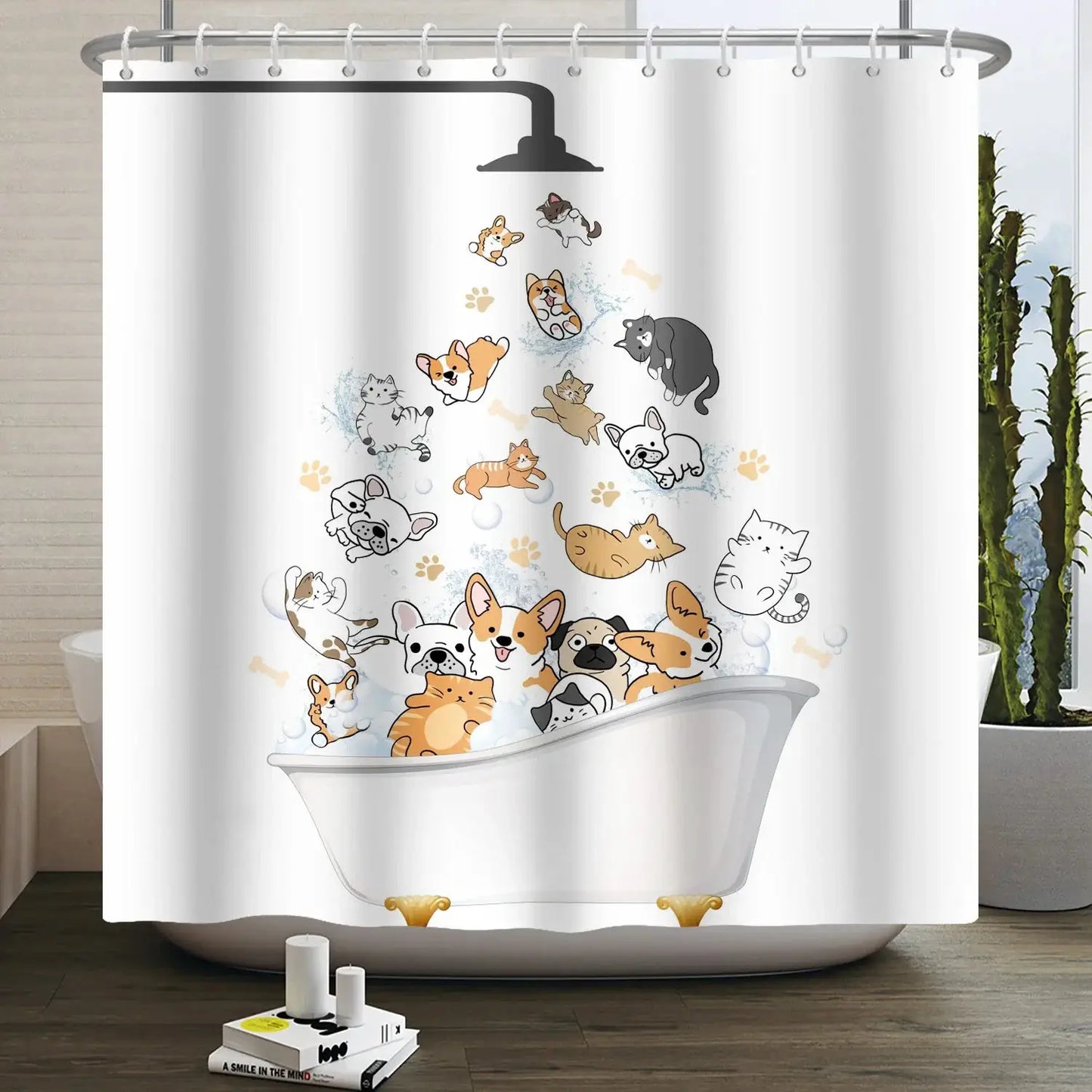 Cartoon Cat Shower Curtain Funny Animal Cute Cat Dog Kids Print Waterproof Bath Bathroom Shower Curtains Decoration with Hooks from PriceLows™