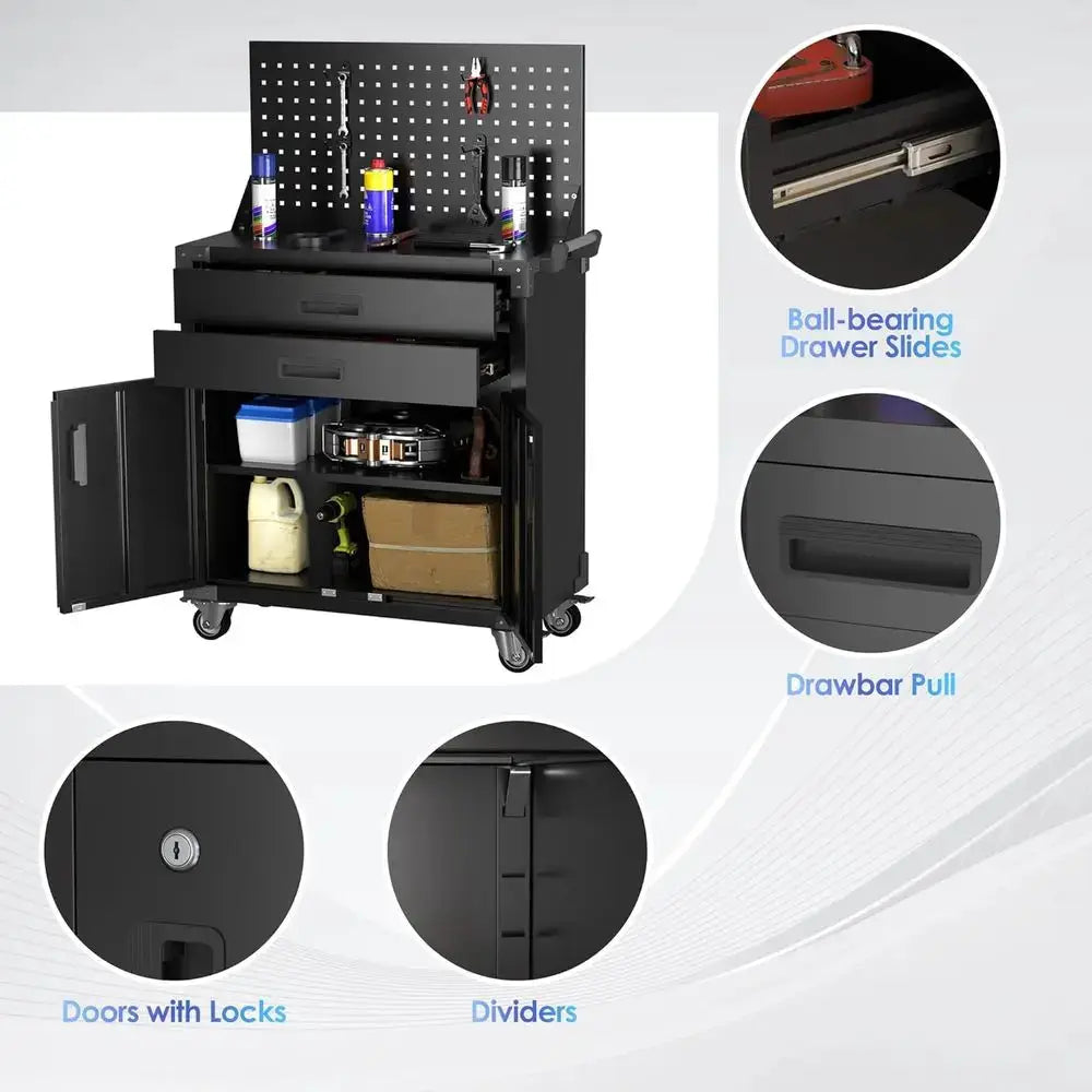Heavy-Duty Metal Tool Cart with Wheels, 2 Drawers, Lockable Cabinet, and Pegboard Hooks for Garage/Workshop Storage from PriceLows™