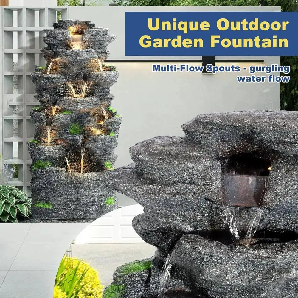 40 Outdoor Tiered Rock Waterfall Fountain with LED Lights for Patio and Garden Decor from PriceLows™
