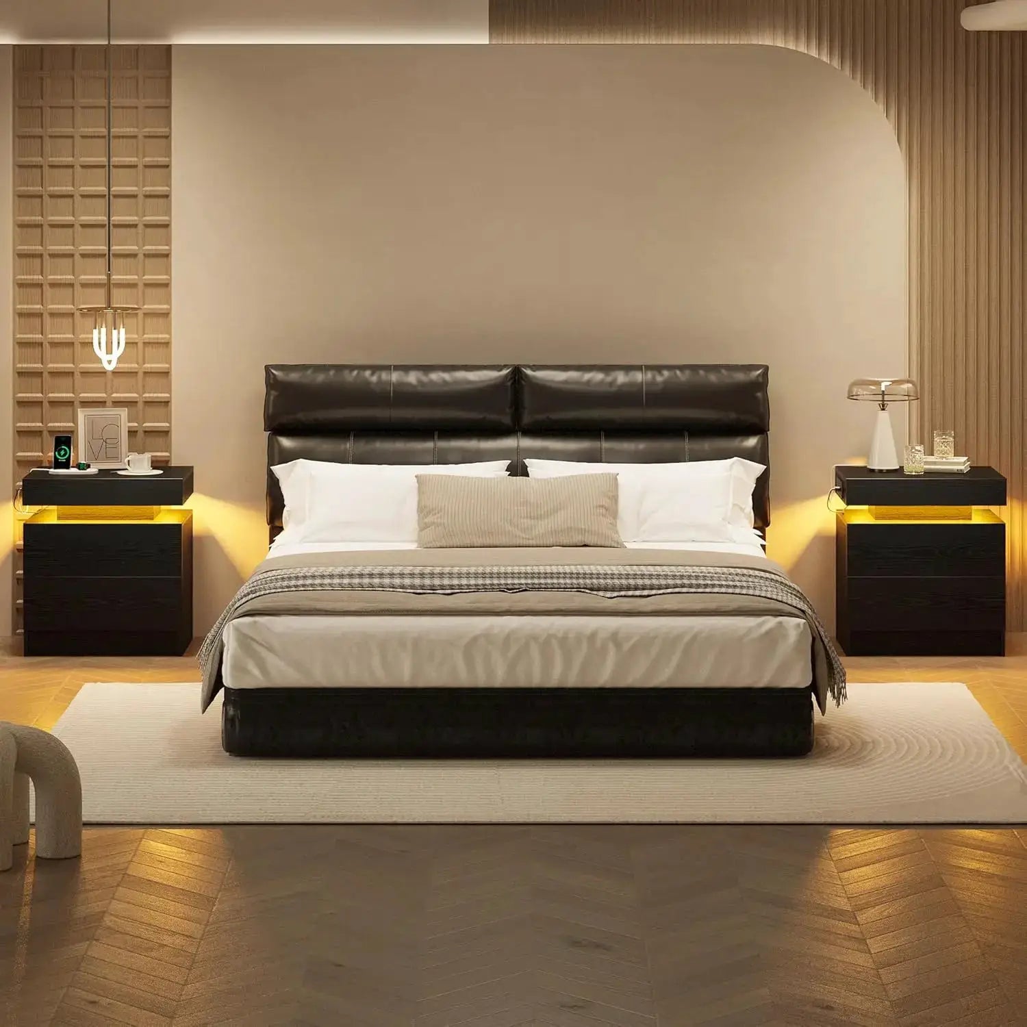 Modern Nightstand Set of 2 with Charging Station & LED Light, Bedside Tables for Bedroom from PriceLows™