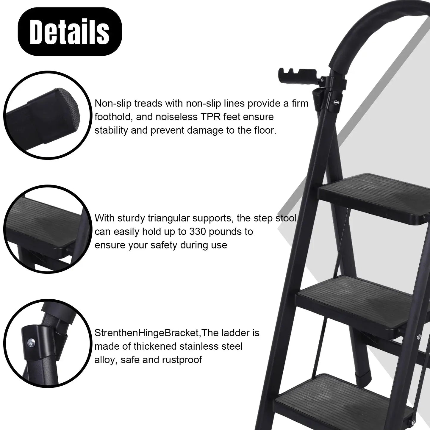 3 Step Folding Ladder Sturdy Steel Ladder 330lbs Capacity Sturdy& Portable Stepping Stools for RV Attic Daily Use at Home from PriceLows™