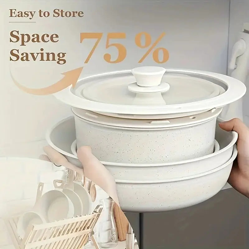 White 15pcs Non-Stick Pot And Pan Set, Kitchen Cookware with Removable Handle, PFAS And PFOA Free, Kitchenware, Mother'S Day Gif from PriceLows™