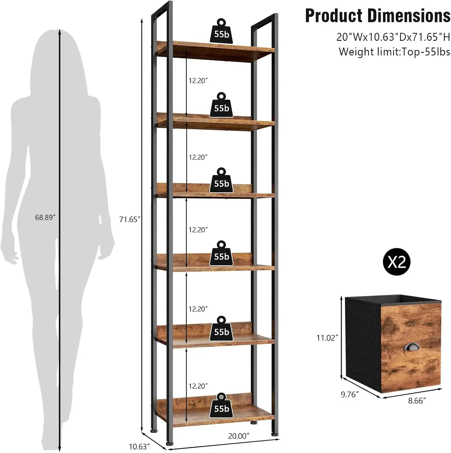 71" Rustic Brown 6-Tier Bookcase with 2 Drawers, Industrial Wood and Metal Storage Shelf for Home Office and Bedroom from PriceLows™