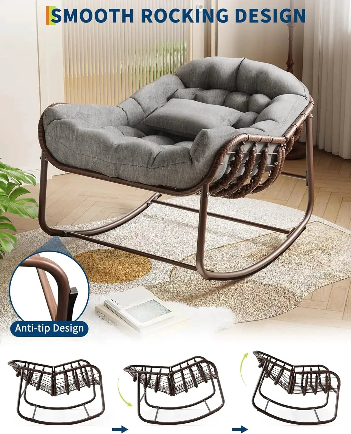 Oversized Patio Rocking Chair,Wicker Rattan Lounge Chair with Water-Resistant Cushion Sturdy Metal Frame for Balcony Garden from PriceLows™