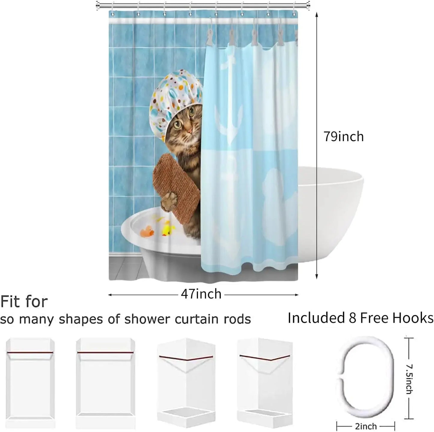 Cute Cat Blue Children Shower Curtain Waterproof Washable Polyester Material Bathroom Decorative Curtain with Hook from PriceLows™