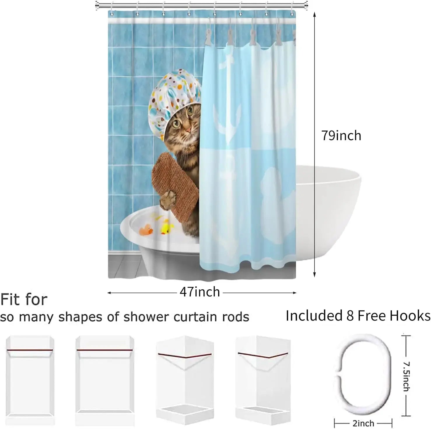 Cute Cat Blue Children Shower Curtain Waterproof Washable Polyester Material Bathroom Decorative Curtain with Hook from PriceLows™