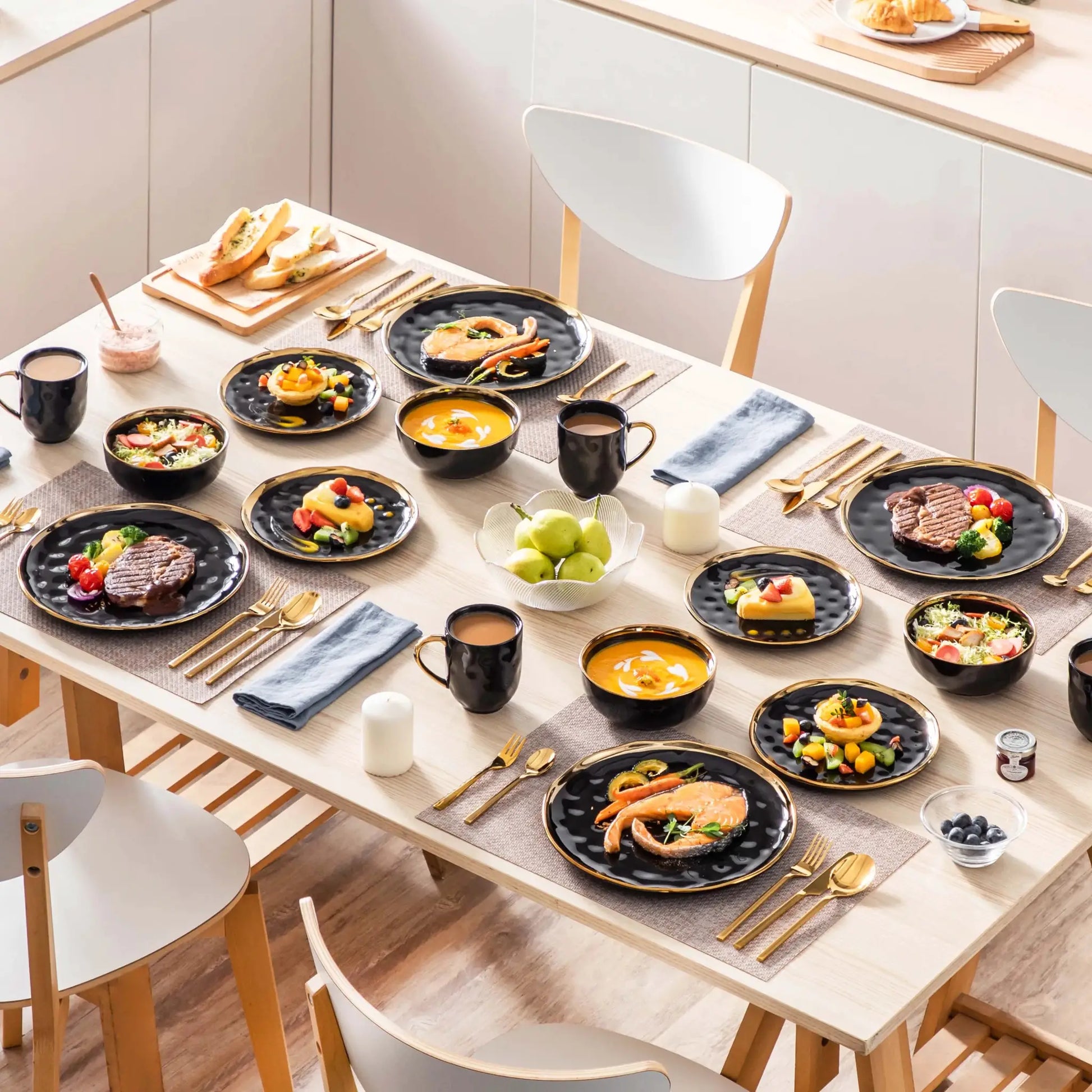 LOVECASA 16/32 Piece Black Porcelain Dinnerware Set with Gold Trim Dessert Plate,Dinner Plate,Cup,Bowl Tableware Set from PriceLows™