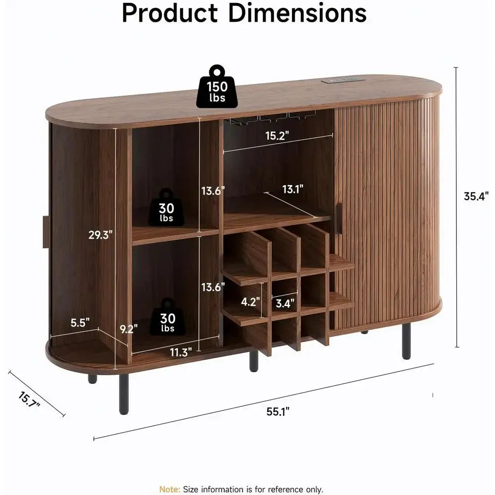 55 Walnut Modern Wine & Liquor Cabinet with LED Lighting, Storage, and Charging Station from PriceLows™