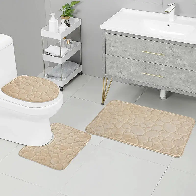1 Set of Solid Color Simple Bathroom Water-absorbing and Non-slip Floor Mat Stone Pattern, Comfortable and Soft, Three-piece Set from PriceLows™