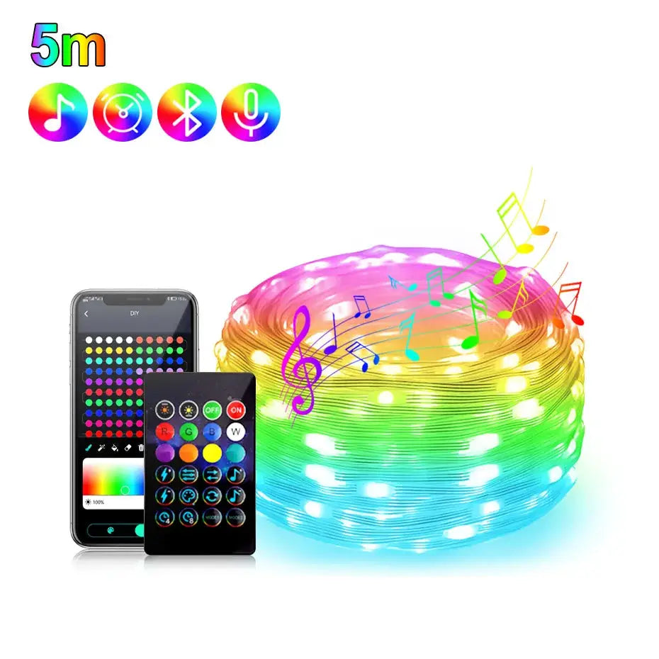 Bluetooth Smart USB LED Fairy String 5V RGBIC Music Sync Led Strip light IP67 Waterproof for Holiday Christmas Party Decoration from PriceLows™