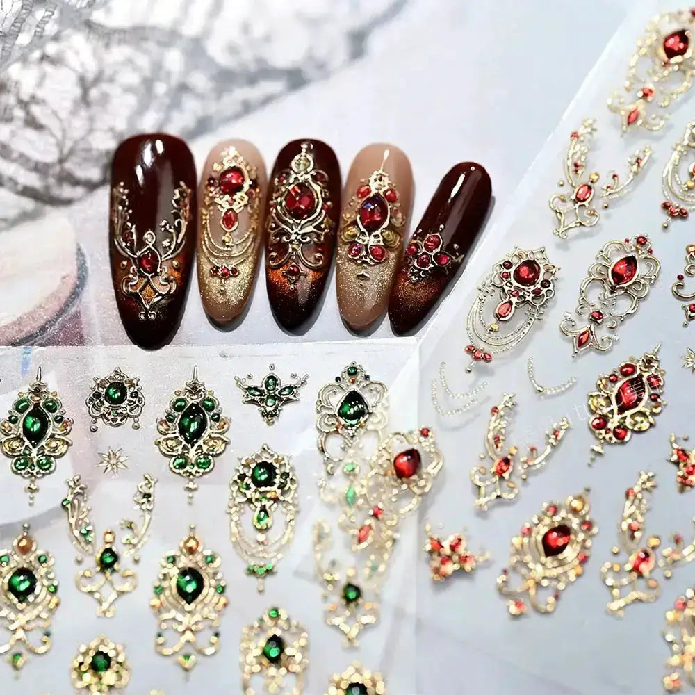 5D Embossed Emerald Gemstones Nail Art Stickers Luxury Golden Frame Baroque Flower Nail Decals Green Rhinestones Nail Supplies from PriceLows™