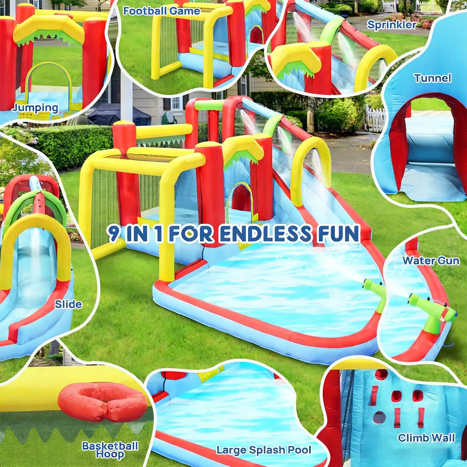 7in1 Inflatable Water Slide Park Bounce House Outdoor Backyard Splash Pool Climbing Wall Basketball Soccer Water Gun Kids Party from PriceLows™