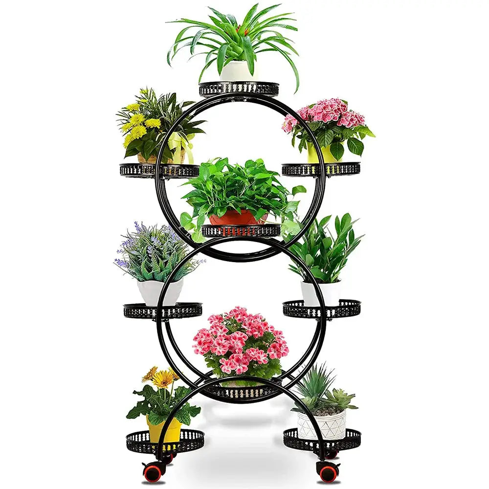 9-Tray Metal Plant Stand Rack Black Flower Pot Holder with Wheels Indoor Outdoor Black Flower Pot Holder from PriceLows™