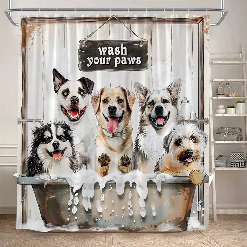 Funny Bathing Dogs Shower Curtain Bathtub Wash Your Paws Cute Pet Cartoon Animals Bath Curtains Fabric Bathroom Decor with Hooks from PriceLows™