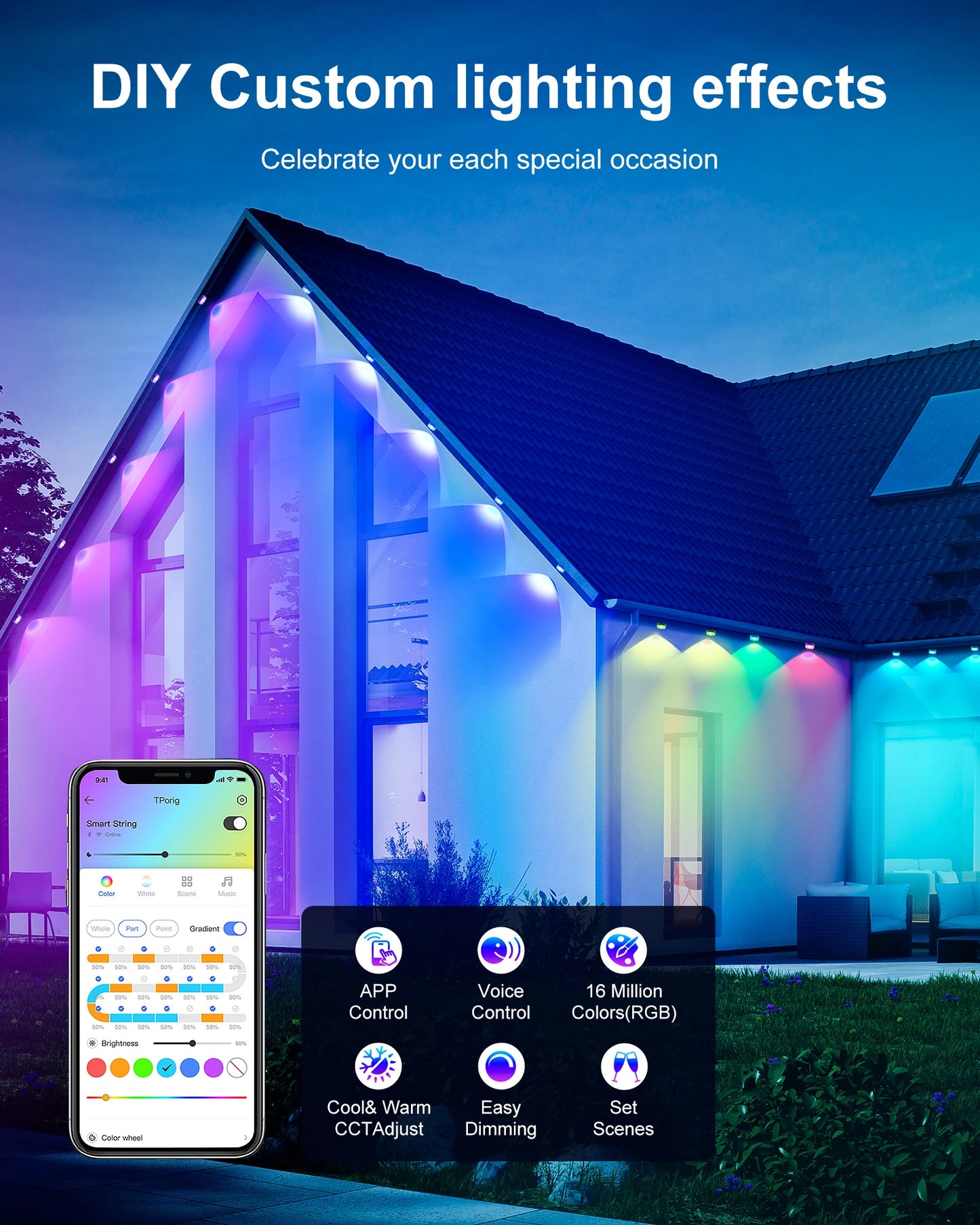 Permanent Outdoor Lights, 100ft/150FT RGBIC Outdoor Lights with 60/90 LED Lights, IP67 Waterproof, 100 Scene Modes from PriceLows™