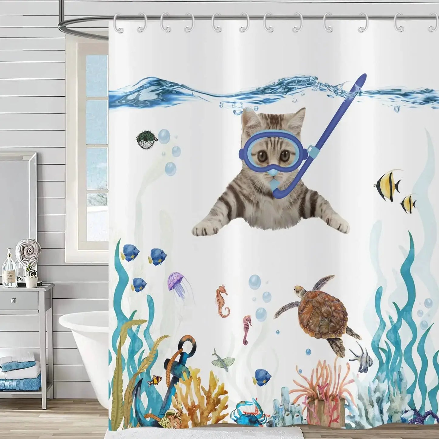 Cute Cat Blue Children Shower Curtain Waterproof Washable Polyester Material Bathroom Decorative Curtain with Hook from PriceLows™