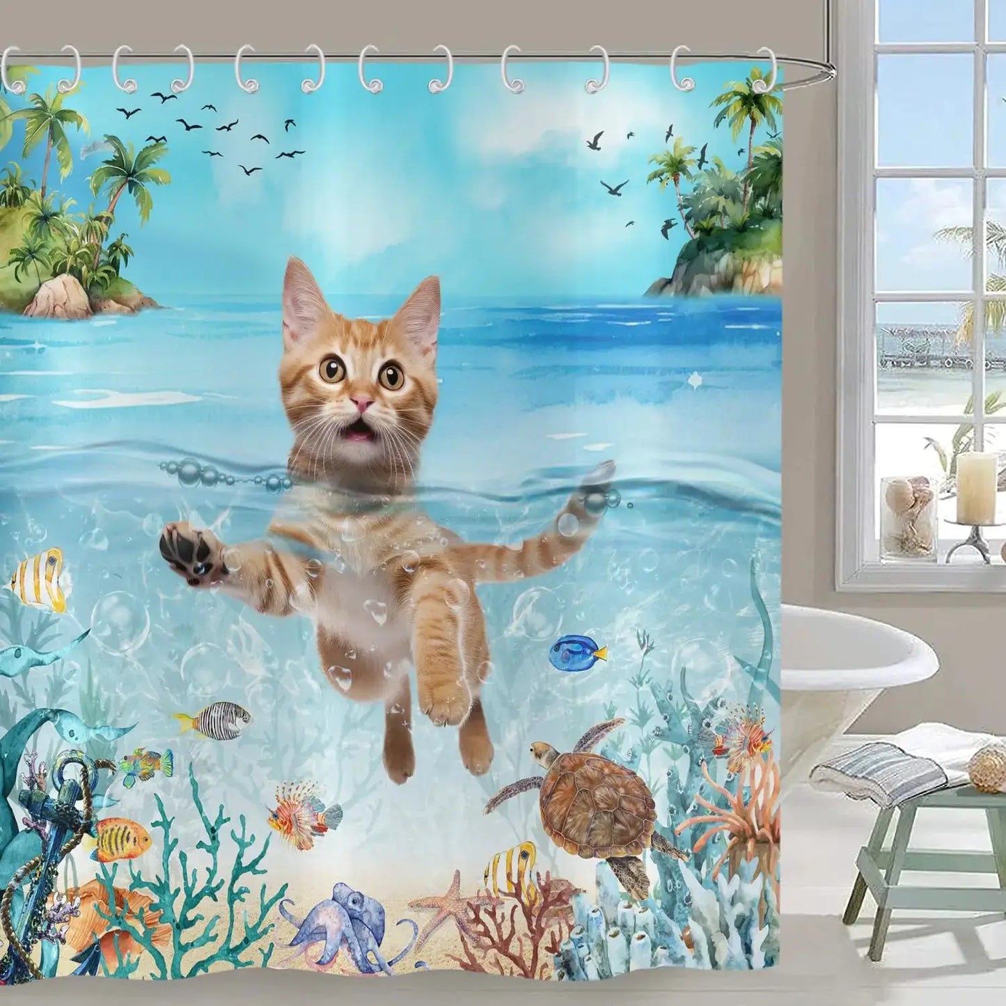 Cute Cat Blue Children Shower Curtain Waterproof Washable Polyester Material Bathroom Decorative Curtain with Hook from PriceLows™