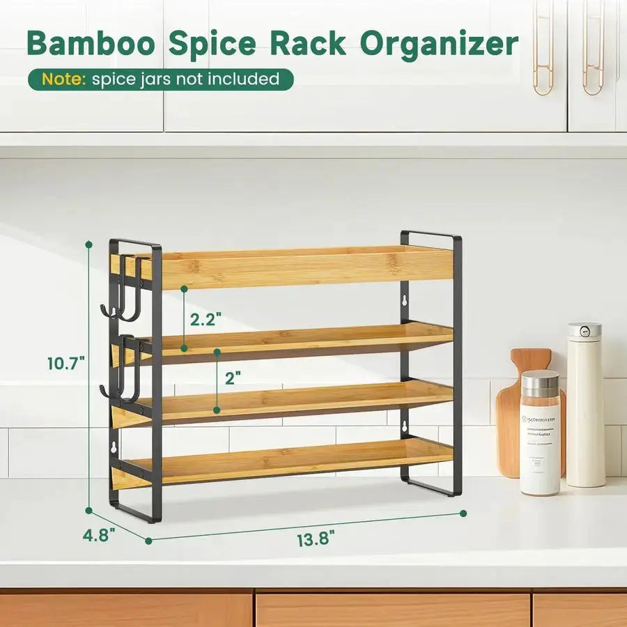 Spice Seasoning Rack Organizer Kitchen Countertop, 4 Tier Bamboo Spice Shelf Holder Storage with 4 Hooks, Wall Mounted Freestand from PriceLows™