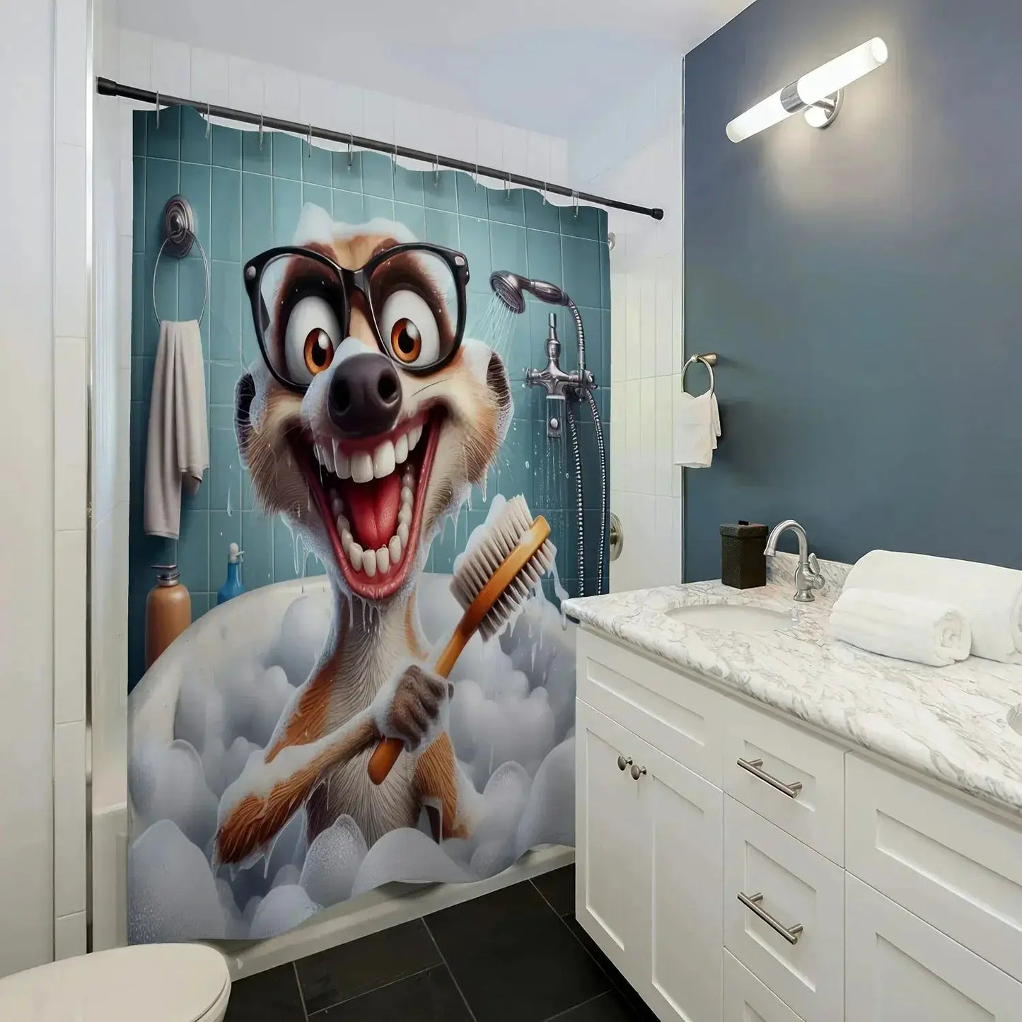 Cute Cartoon Ferret Bath Time Shower Curtain Bathroom Decor Curtain Polyester with Hooks Included, Perfect for All Seasons from PriceLows™