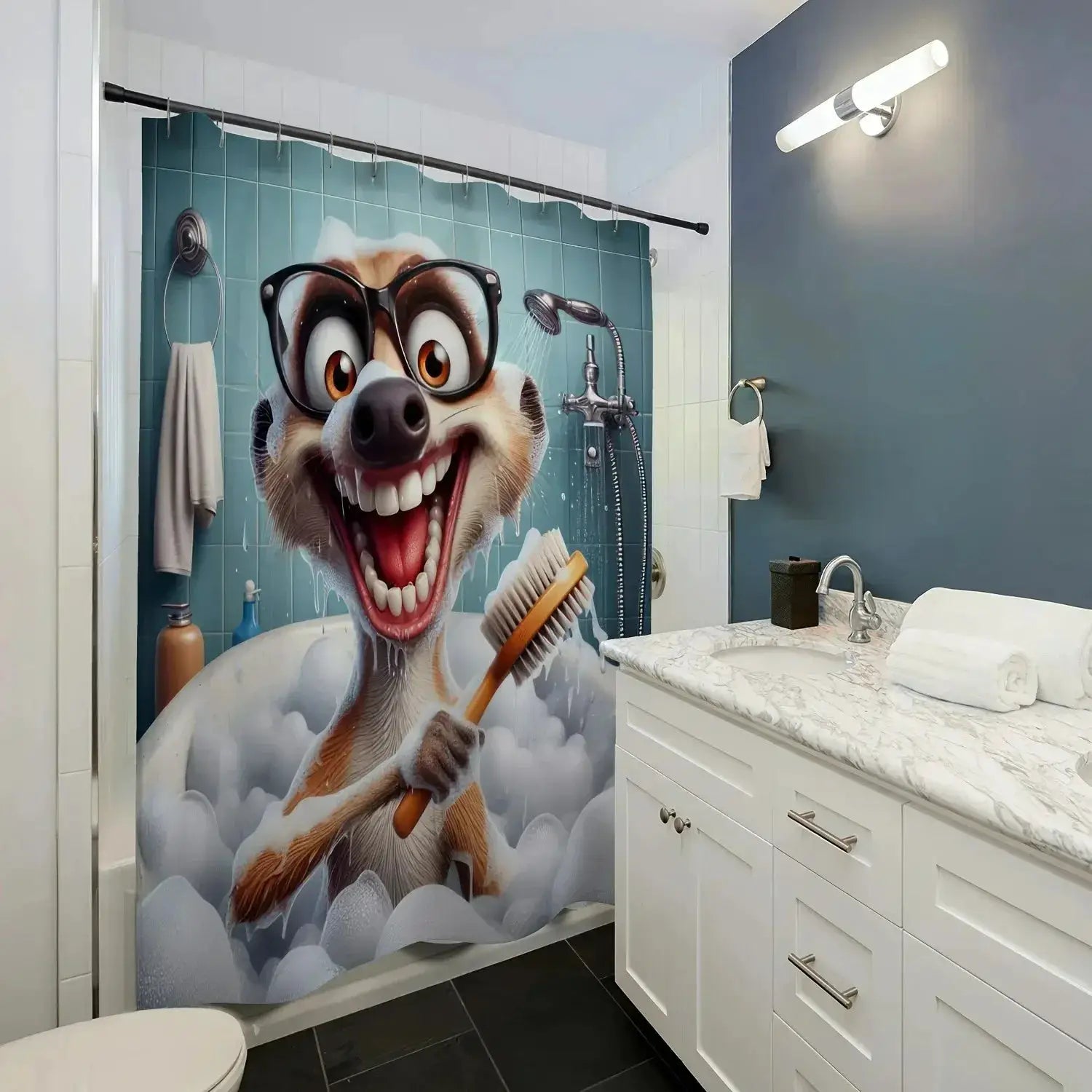 Cute Cartoon Ferret Bath Time Shower Curtain Bathroom Decor Curtain Polyester with Hooks Included, Perfect for All Seasons from PriceLows™