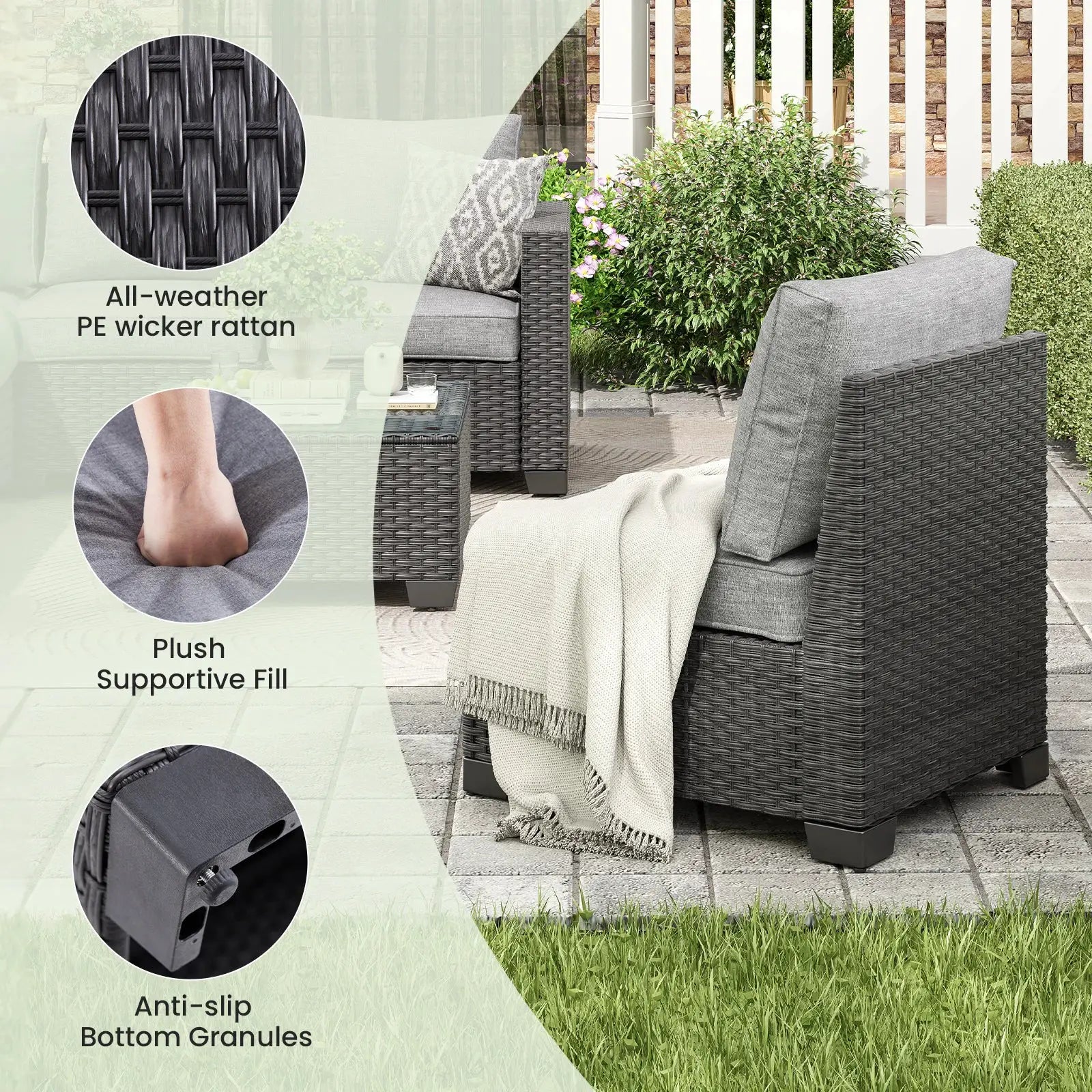 Farini Patio Sectional Sofa Set, Outdoor Furniture with Ottoman, Water/Oil/Stain-Resistant Fabric, Dark Gray Cushion + Gray Wick from PriceLows™