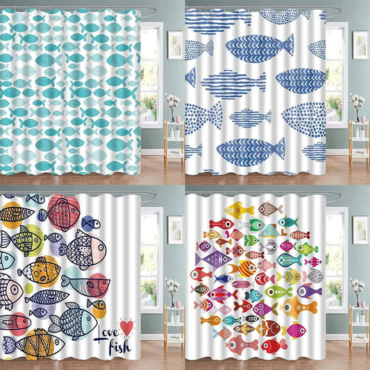 Colorful Cartoons Fish Shark Shower Curtains Ocean Life Children's Bathroom Home Decor Cloth Curtain Set Waterproof Bath Screens from PriceLows™