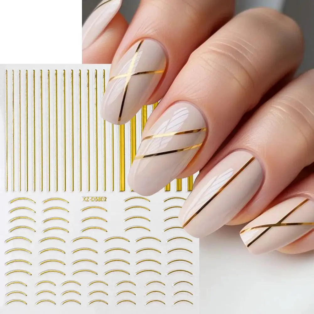 12Sheets Gold Metal Stripe Wave Nail Decals 3D Bronzing French Line/C Curve Stripe Nail Stickers 8*10cm Gold Line Nail Art Suppl from PriceLows™