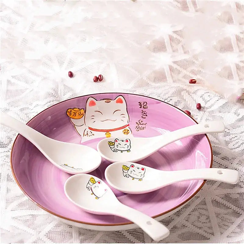 Ceramic Soup Spoon 14cm Japanese White Lucky Cat Bone China Dinnerware Restaurant Household Kitchen Supplies Tableware from PriceLows™